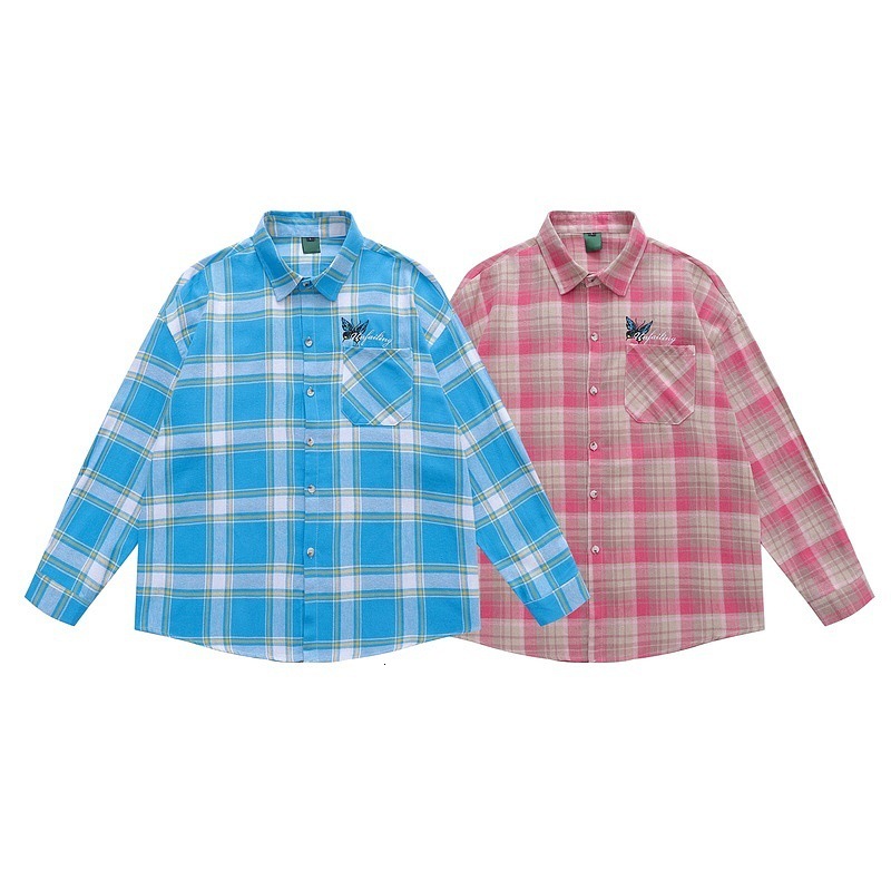 Clothing for Men American Hip-hop Butterfly Embroidery Tassel Shirt Trendy Plaid Long Sleeved Cleanfit Shirt for Men