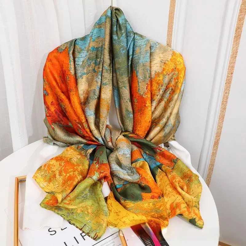 Tensili Brocade Satin Scarf Printed Silk Shawl Summer Womens Sunscreen Hat Luxury Pashmina 180 * 90cm W240810