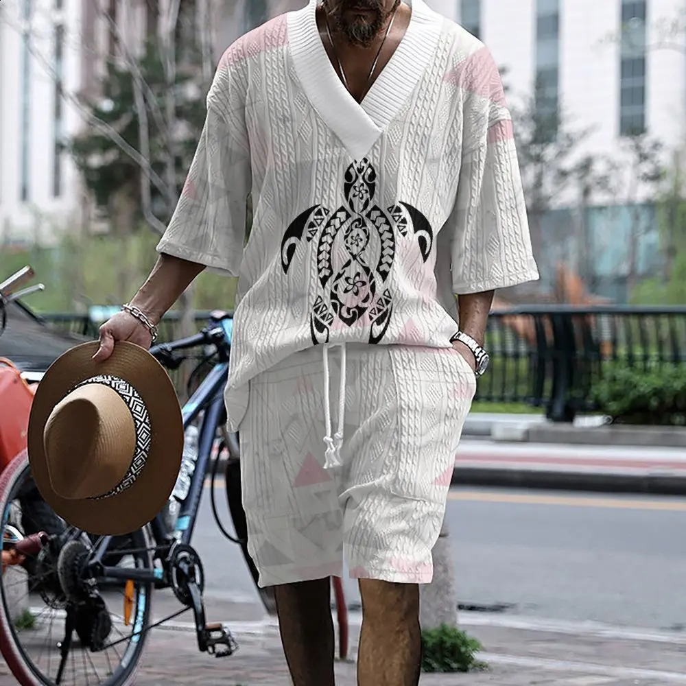 Summer 3D Print Waffle Short-sleeved T shirtshorts V-neck T shirt Mens Casual T-shirt Shorts Trend Solid color tracksuit Sets 240812