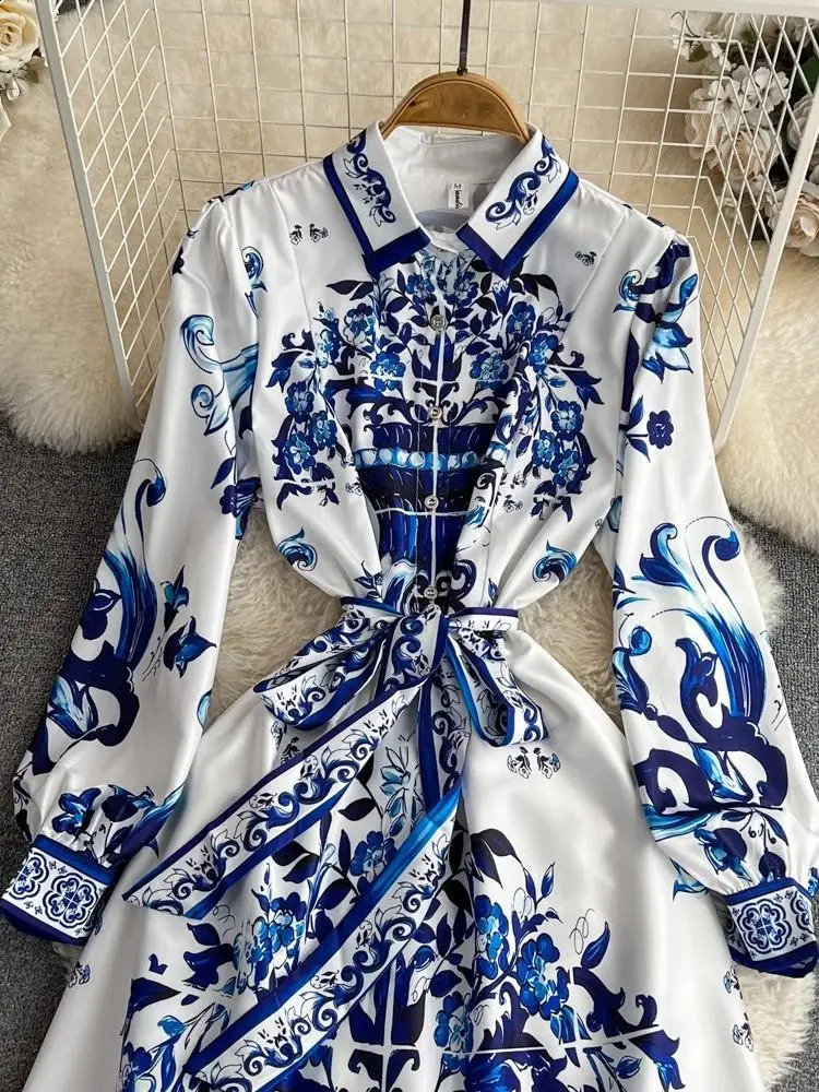Autumn Fashion Blue And White Porcelain Vinatge Dress Women Clothing Lapel Collar Single Breasted Lace Up Holiday Maxi Vestidos 240812