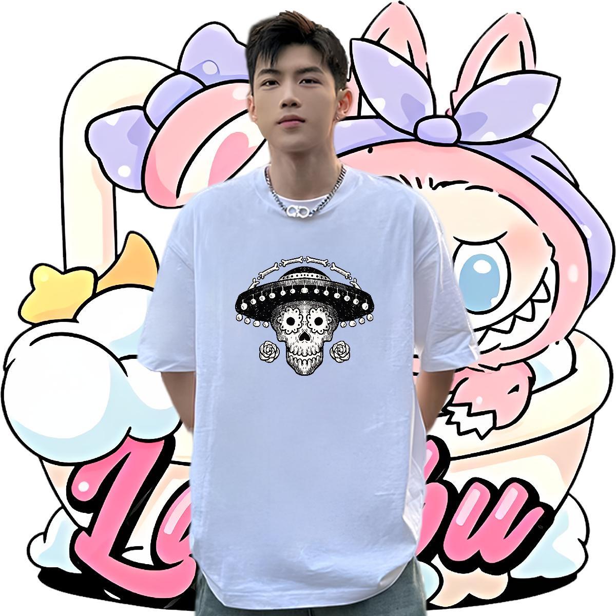 DIY Customized Mens T Shirts skull Top Tees 230g Pure Cotton Outdoor Loose Cartoon Printing L-4XL Short Sleeve O-Neck Mens Tshirts