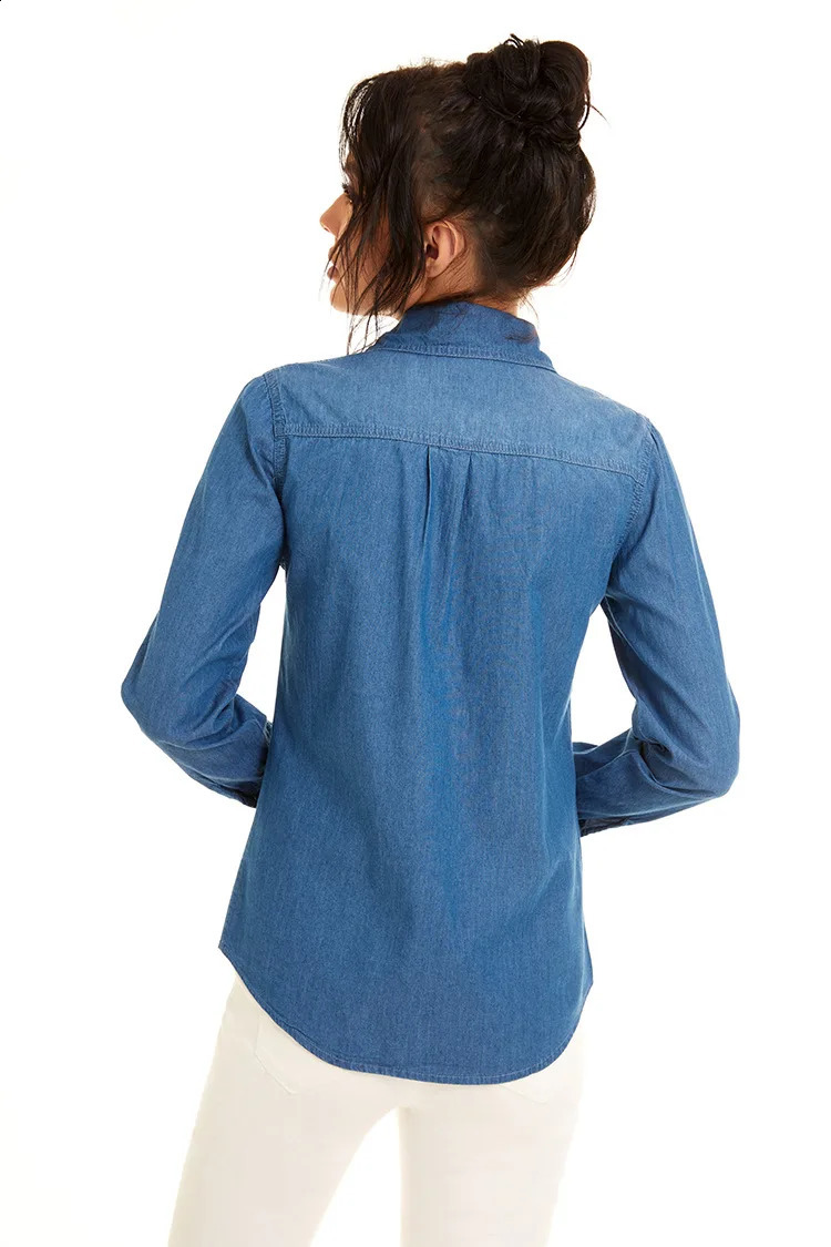 Light Blue Slim Thin Cotton Denim Shirts For Woman 2024 Spring Casual Ladies Tops Long Sleeve Jeans Blouses Clothing 240812