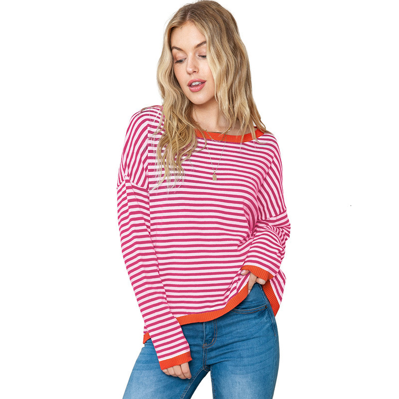 Autumn and Winter New Cotton Knitted Sweater Women's Stripe Contrast Design Shoulder Pullover Long Sleeve Top Women H812#52