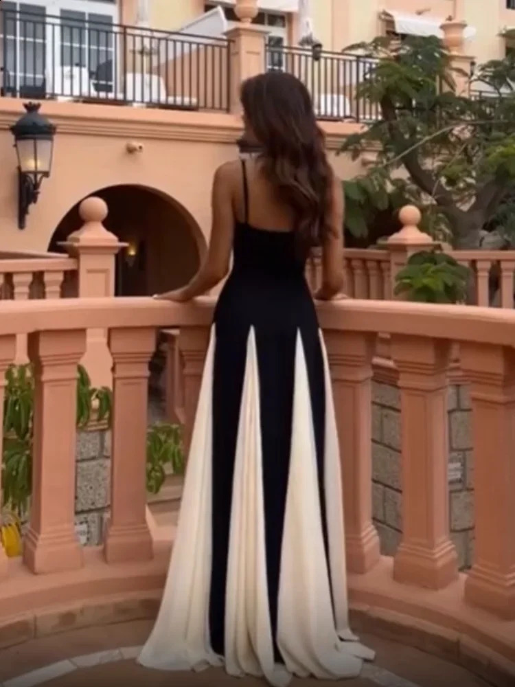 Elegant Contrast Patchwork Mesh Womens A-line Maxi Dress Elegant Skinny Backless Suspender Robe Summer Lady Chic Evening Gown 240812