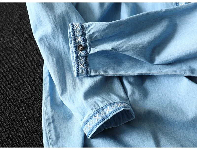 Elegant blouses for women 2024 summer ethnic long sleeve embroidery denim shirts and blouses jean shirts Y2K vintage top 240812