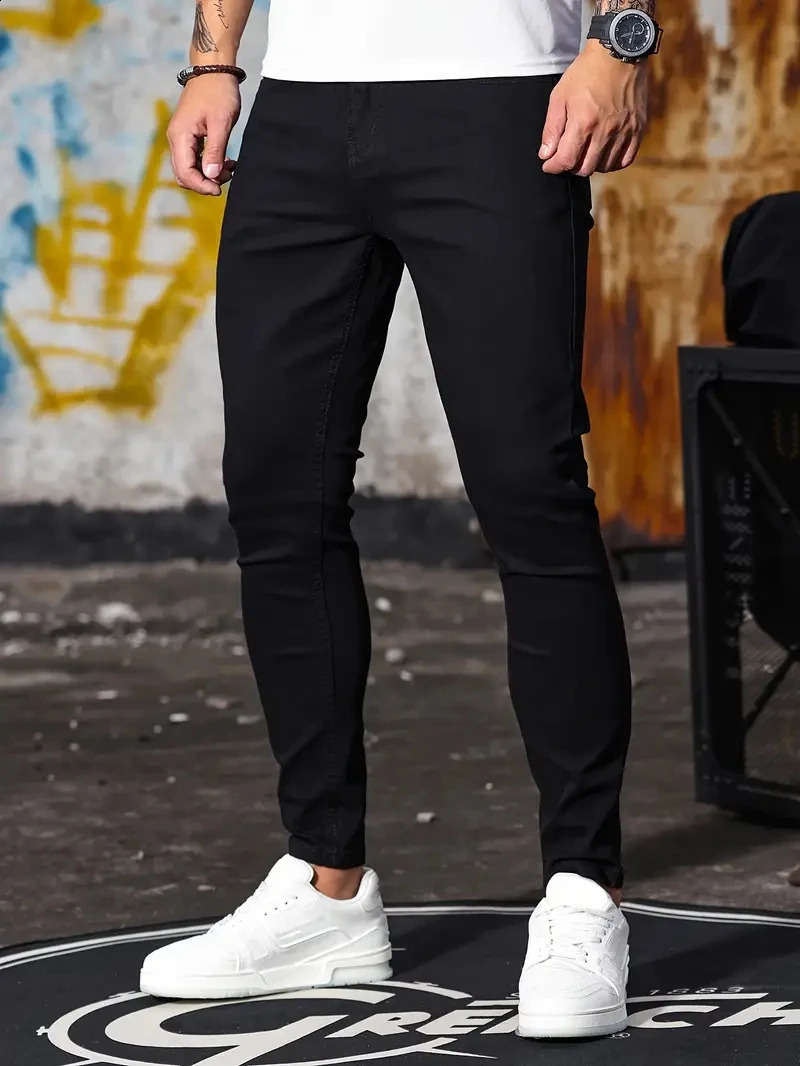 Man Pants Retro Washing Zipper Stretch Jeans Casual Slim Fit Trousers Male Plus Size Pencil Pants Denim Skinny Jeans for Men 240812