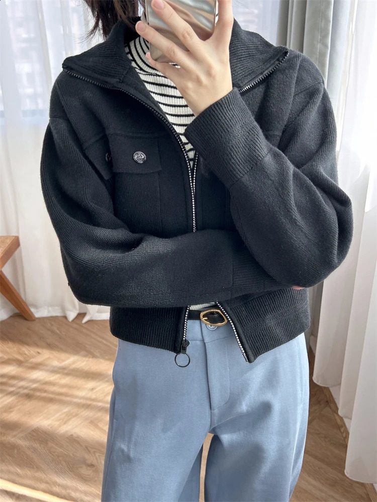 Women tweed jacket S Family 24 Spring Style Black Top with High Neck Small Diamonds Zipper Knitted Short Coat for Women 240812