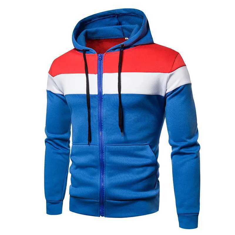 New mens hooded zipper splicing color sports top fleece insulation casual wear hooded sports top zipper comfortable hoodieXJ240812