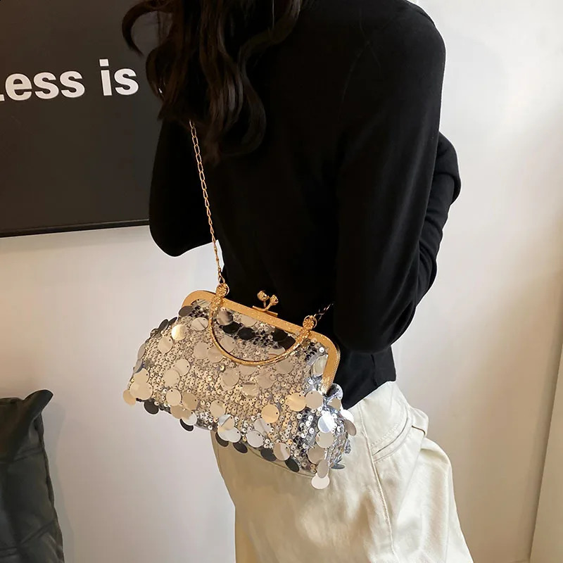 Sparkling clutch bag fashionable evening chain strap shiny shoulder large capacity top handle wallet for wedding parties 240810