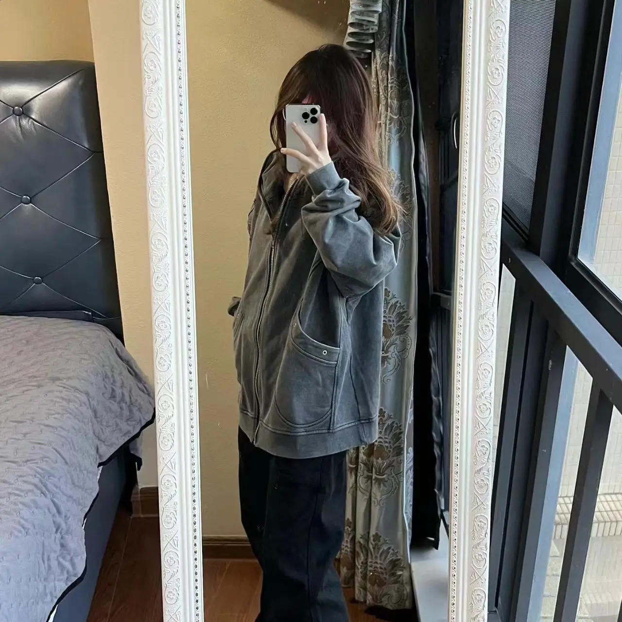 Spring and Autumn Miss Pure Cotton Make Old Washed Coat Hoodie Trendy HoodieAmerican Style Vintage Cardigan National Trend Loose 240812