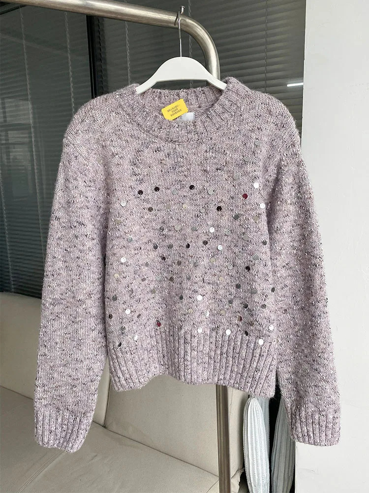 American Christmas Sequins Sweater Women Oversized Knitted Jumper Loose Korean Fashion Sweet Pullover High Quality Preppy Style 240812