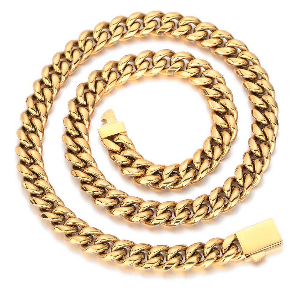 6mm-12mm Hip Hop Stainless Steel Miami Cuban Link Chain Necklace Full 5A Zircon Spring Clasp 18K Gold Plated Accessories Jewelry Set