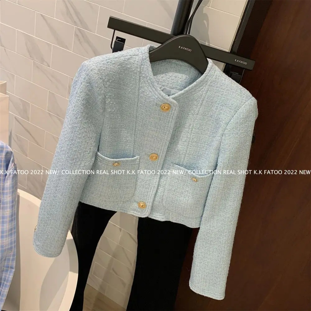 GkyocQ Korean Fashion Women Tweed Coat Candy Color Elegant O Neck Long Sleeve Buttons Short Basic Coats Jacket Outwear 240812
