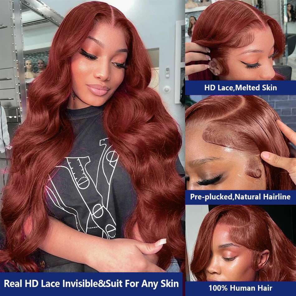 13X4 Reddish Front Wigs Body Wave Transparent Red Brown Colored Lace Frontal Human Hair Wig Pre Plucked