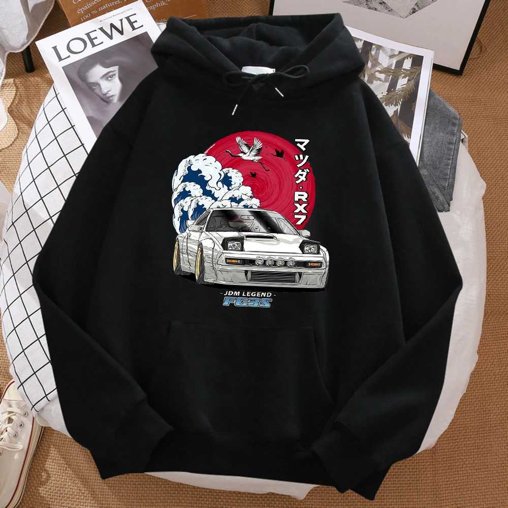 Japanese car wave crane red sun print hoodie mens fashionable oversized sportswear autumn pocket warm hoodieW240724