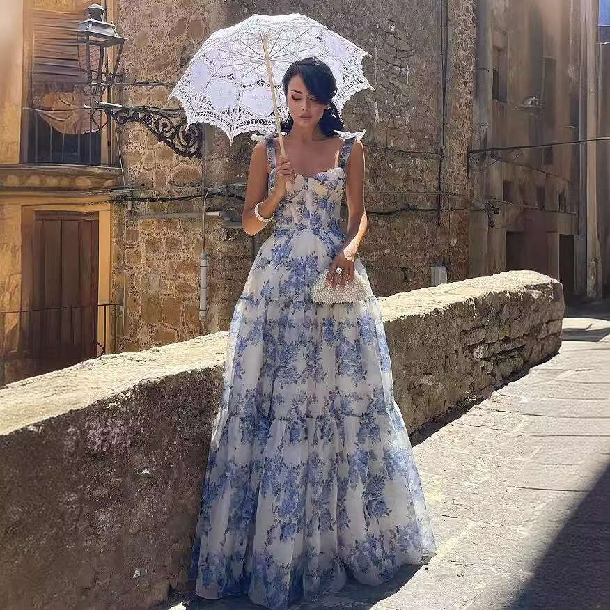 New Spring/summer Off Shoulder Womens Fashion Organza Fairy Long Style Temperament Evening Dress Bifurcated Short Waist Temperament Loose High Waist D