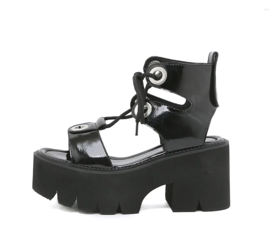 Sandals AIYKAZYSDL Lace Up Patent Leather Thick Sole Platform Wedge Heel New Shoes Creepers Women Gladiator Rome Punk