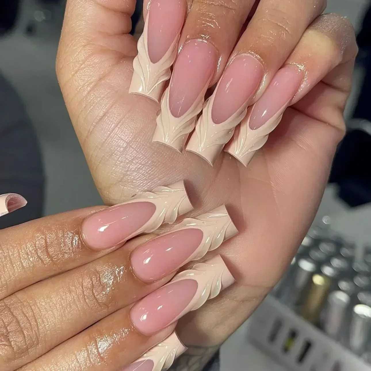 24 wearable fake nails long ballet dancer pink pressed nails with glue French full coffin fake nail tips Rhinestone W240810