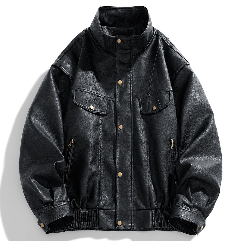 Clothing Mens Lychee Patterned Motorcycle Leather Jacket Mens Loose Korean Version Plus Size Stand Up Collar Jacket Trendy and Thick Jacket