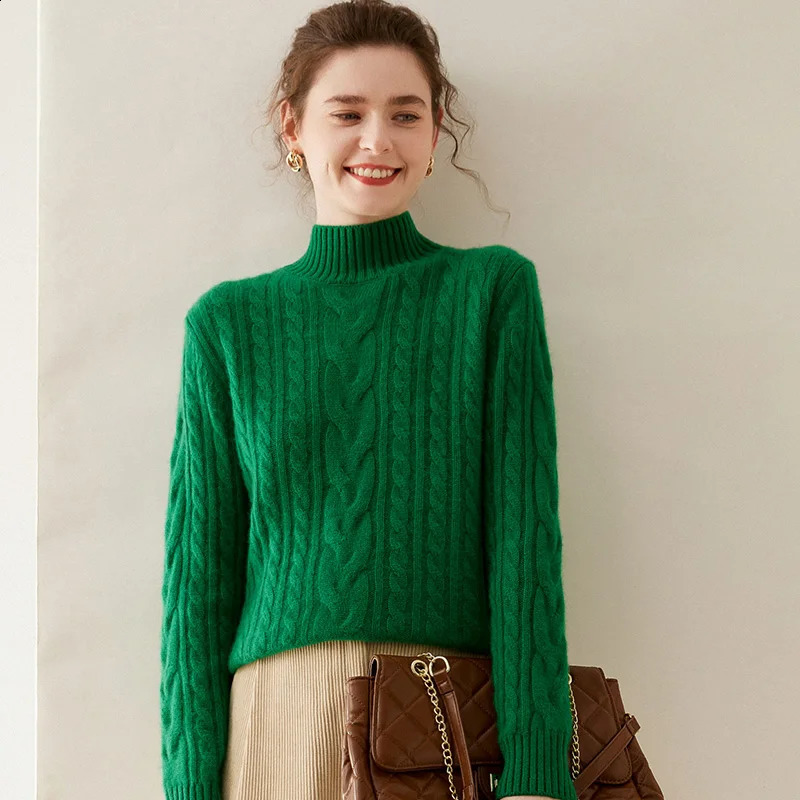 100% Pure Cashmere Sweater Womens Half Turtleneck Pullover Three Strands Full Body Twist Thick Knit Bottom Loose Coat Sweater 240812