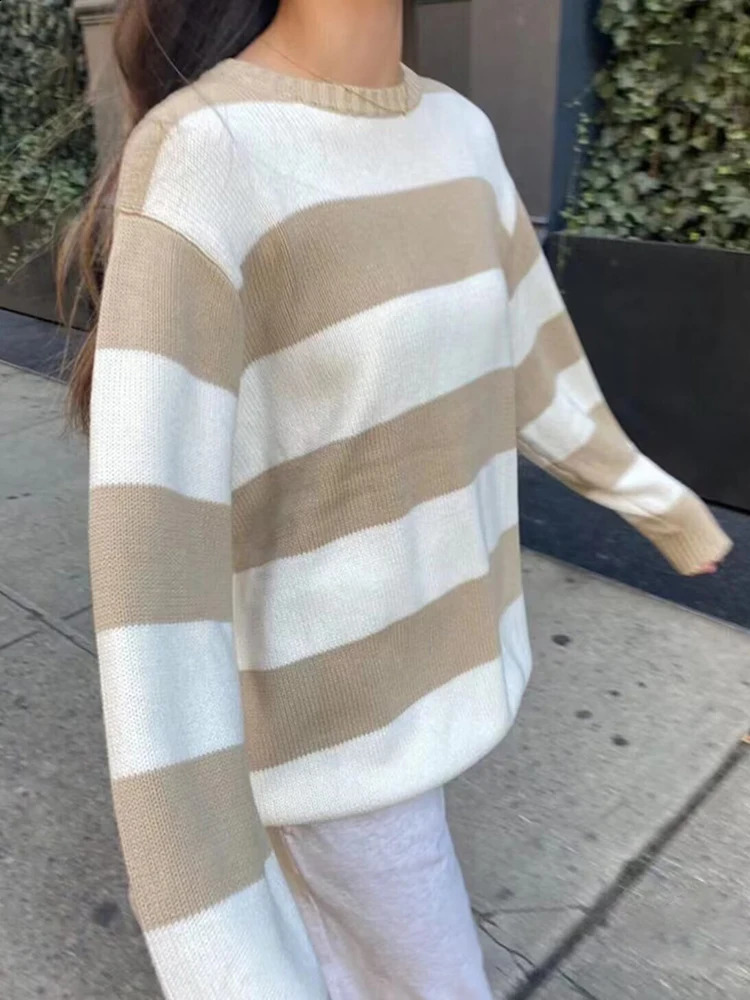 Vintage Striped Knit Loose Sweaters Women Preppy Style Soft Cotton Long Sleeve Sweater Female Spring Cute Oversize Tops 240812