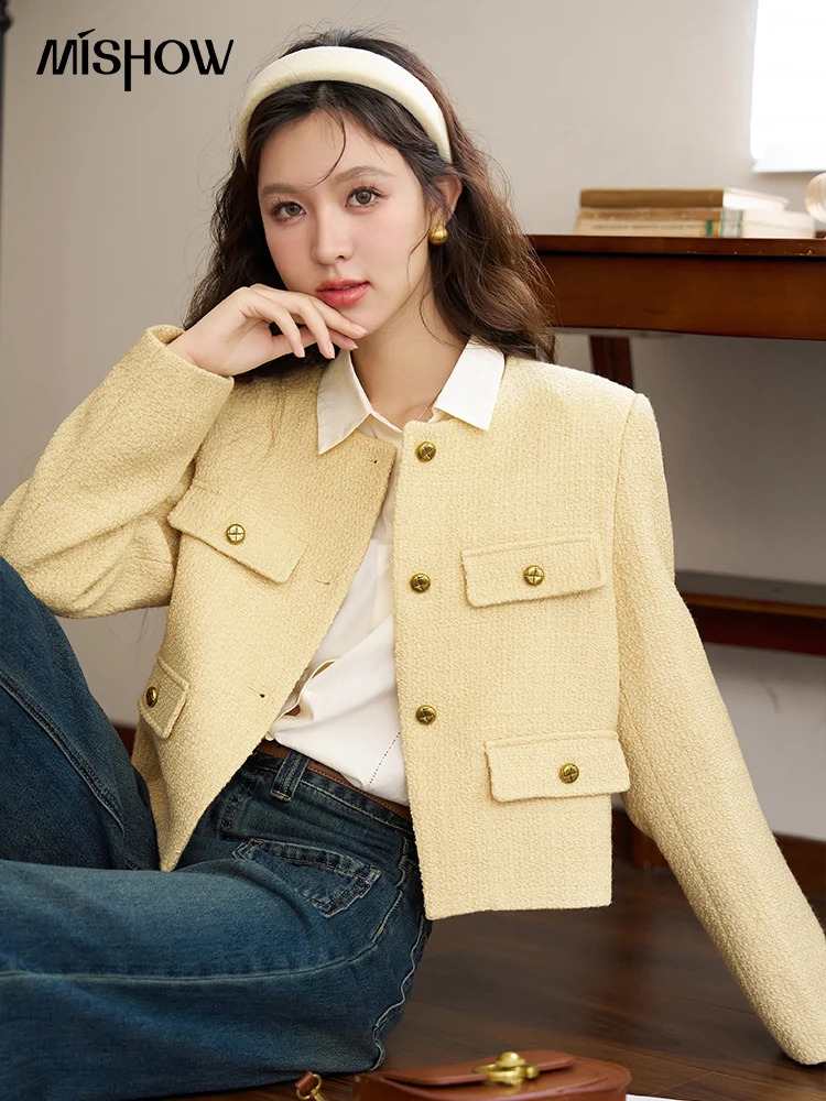 MISHOW Womens Wool Blend Tweed Short Coat Spring Autumn Woolen Cropped Sweet Solid Jacket Elegant Temperament Tops MXC44W0073 240812
