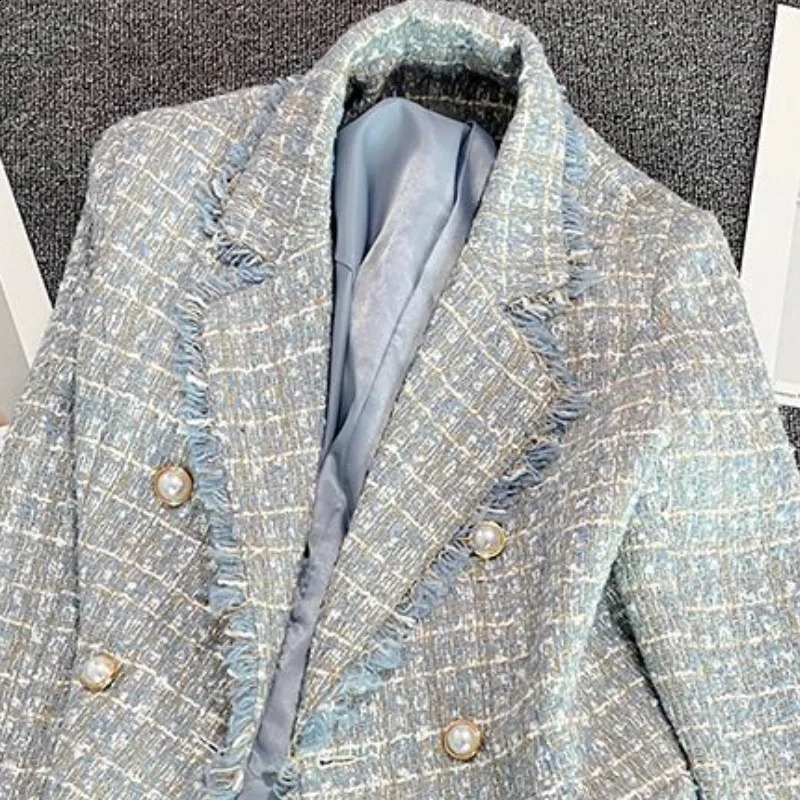 OCEANLOVE Double Breasted Blazer Women Spring Autumn Plaid Tweed Jackets Korean Fashion Vintage Elegant Blazer Mujer Outear 240812