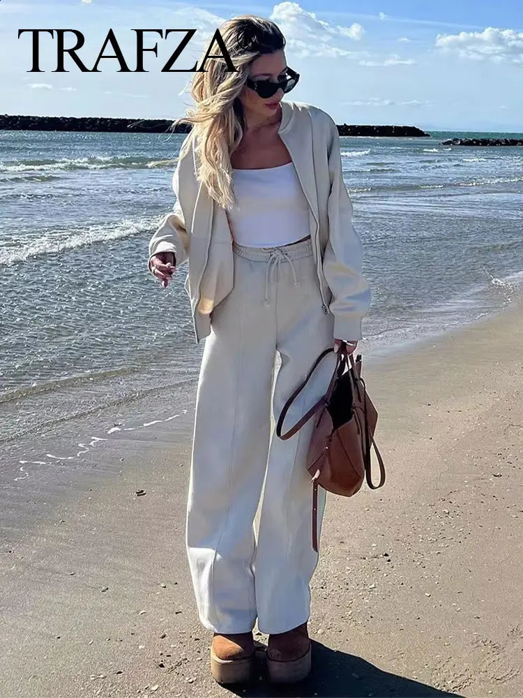 TRAFZA 2024 Woman Solid Trousers Set Long Sleeves Zipper Coat Top Elastic Waist Lace Up Wild Commute Female Wide Leg Pant y240829