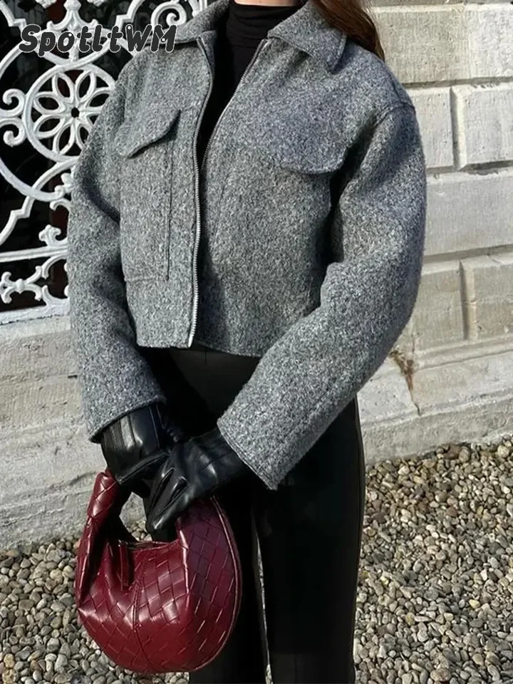 Womens solid pilot jacket with pockets front zipper lapel short bomber autumn winter casual cut 240808