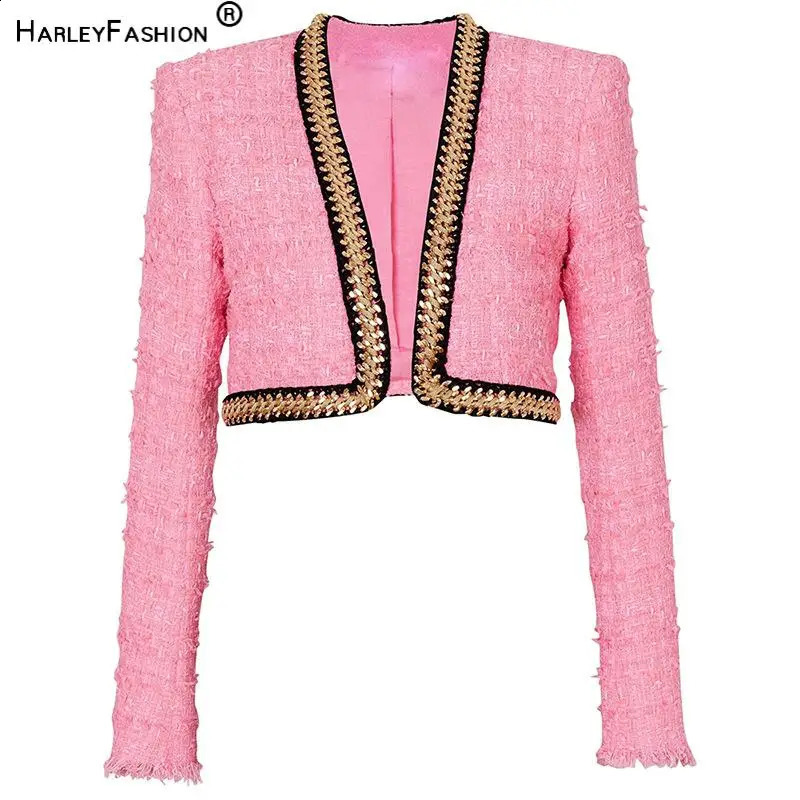 High Quality Chain Decoration Lady Fall Winter Long Sleeve Lady Elegant Tweed Short Coat 240812