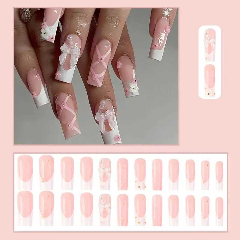 24 pieces of pink bow design fake nails ballet long pressed nails pearl wearable coffin fake nails French square finger nails W240810