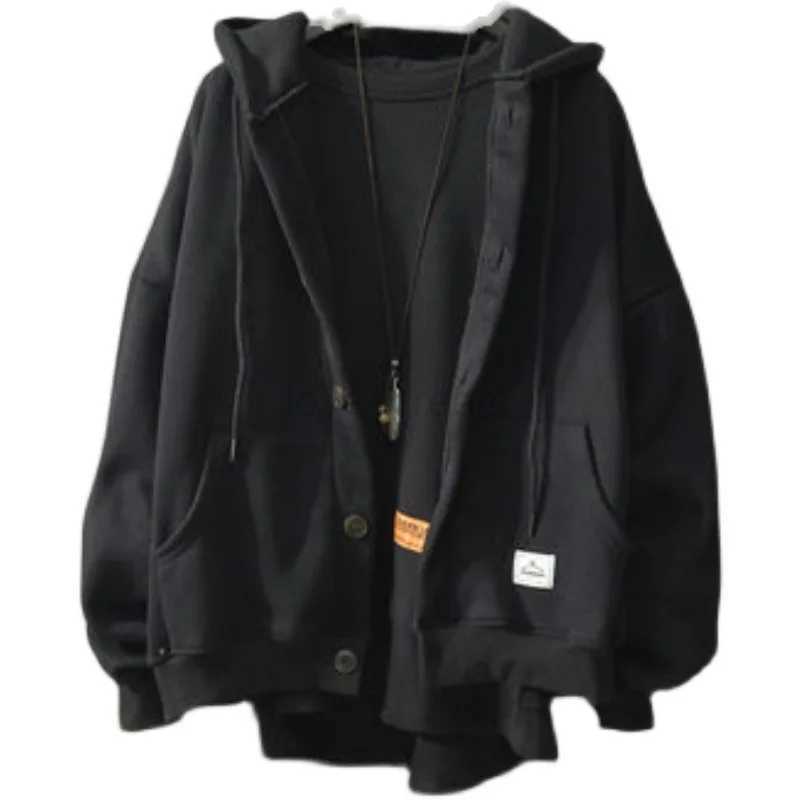 Fashion Solid BF Style Hoodies Fall Winter Brand Casual Loose Coat Street Thick Warm Male Cardigans Korean Sweatshirts for MenXJ240812