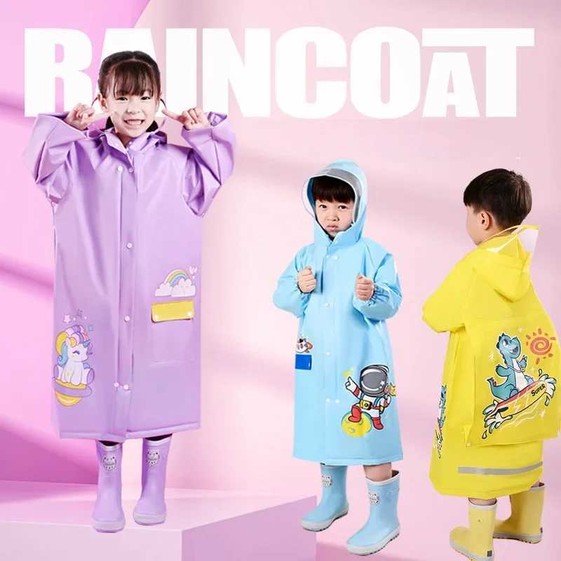 PVC Cute Kids Raincoat Waterproof Children Dinosaur Unicorn Rain Poncho Rain Coat Jacket With Backpack Position Student RainWear Y240810