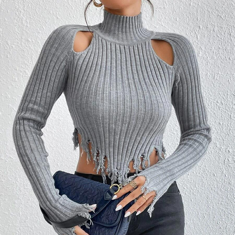 Knitted Women's high collar long sleeved distressed sexy hollow out short style with exposed navel design feeling knitted sweater H812#48