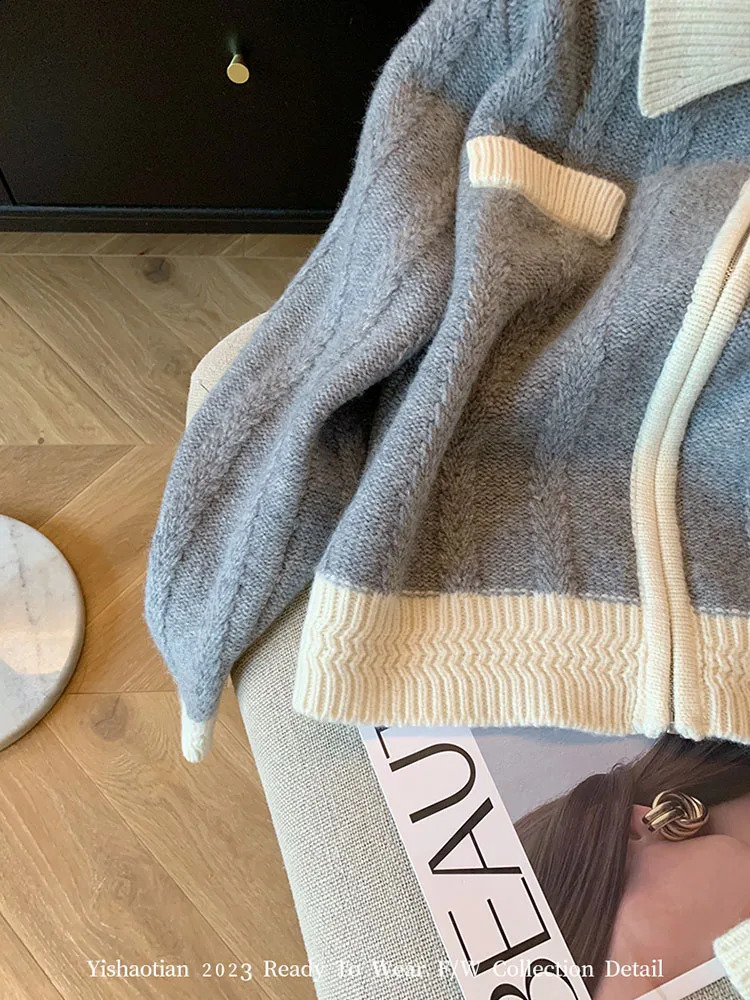 Korean Autumn Women Grey Cashmere Top Single Breasted Cozy Sweater Fashion Simple Cardigans Casual Cozy Outerwear Preppy Style 240812