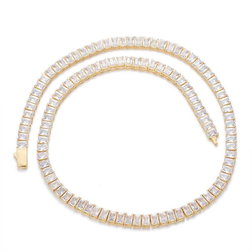Hip Hop 7mm Square 5A Zircon Tennis Chain Necklace Real Gold Plated Mens Jewelry Set