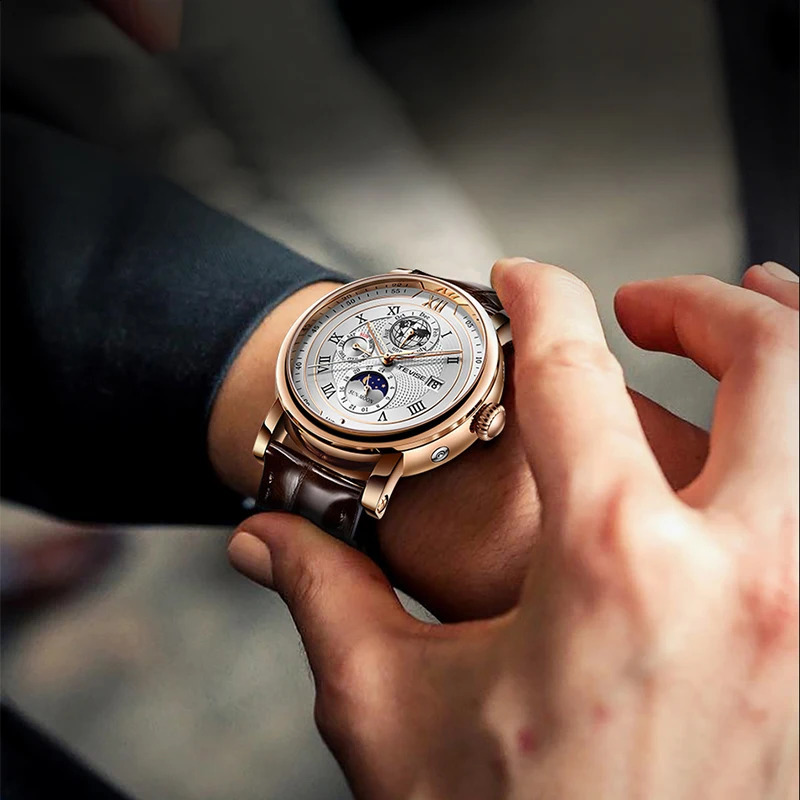 TEVISE Business Waterproof Mens Mechanical Watches Top Leather Watch For Men Moon Phase Automatic Wristwatch 240808