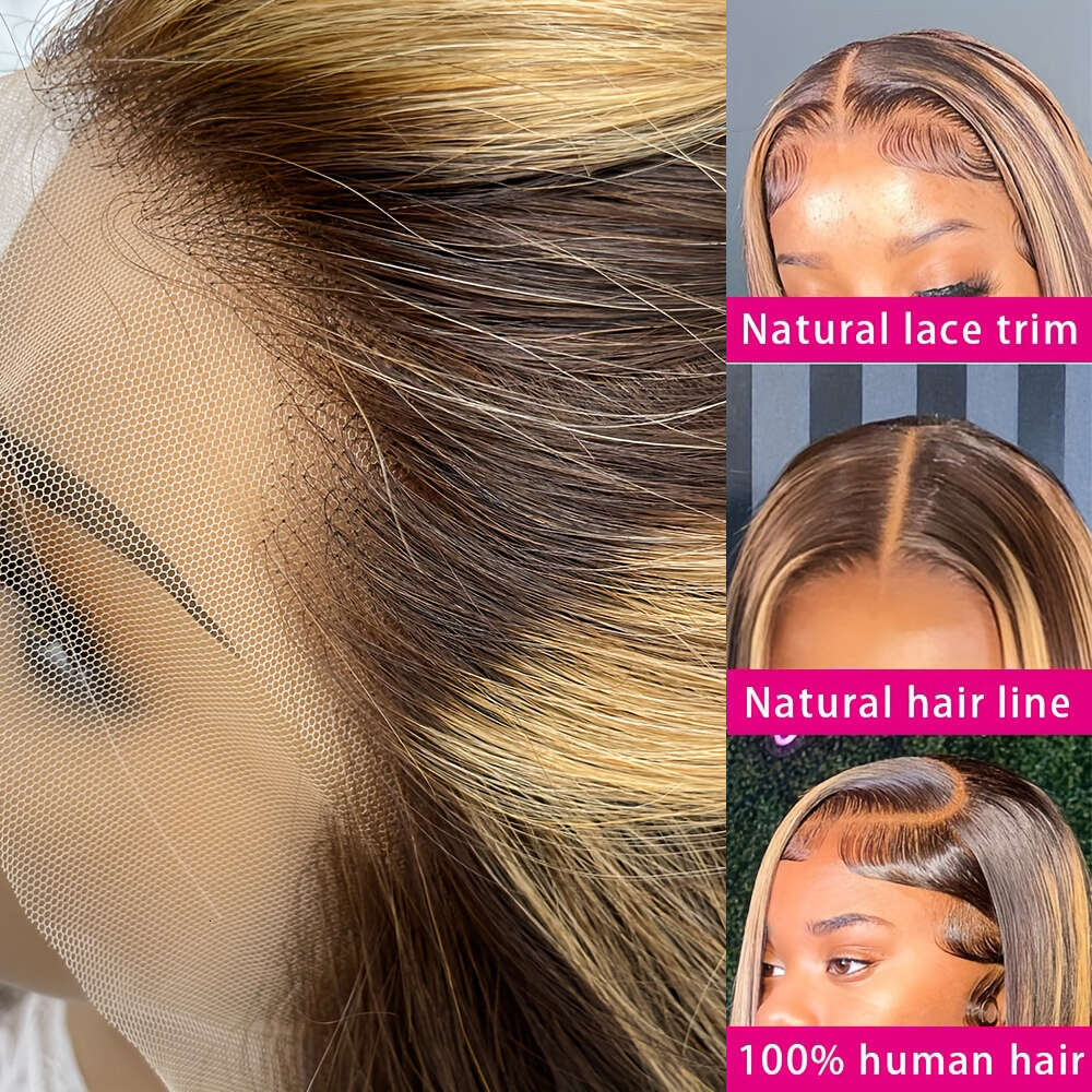 Highlight Only Straight Human Hair For Women Pre Plucked 13X4lace Frontal P4/27 Lace Closure 14-22Inch