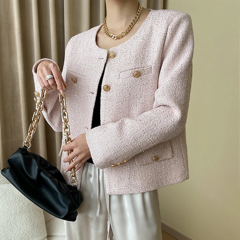 Elegant Short Woven Tweed Sequined Jacket Women Trend Classic O-neck Single Breasted Wool Blend Coats Spring Autumn 240812