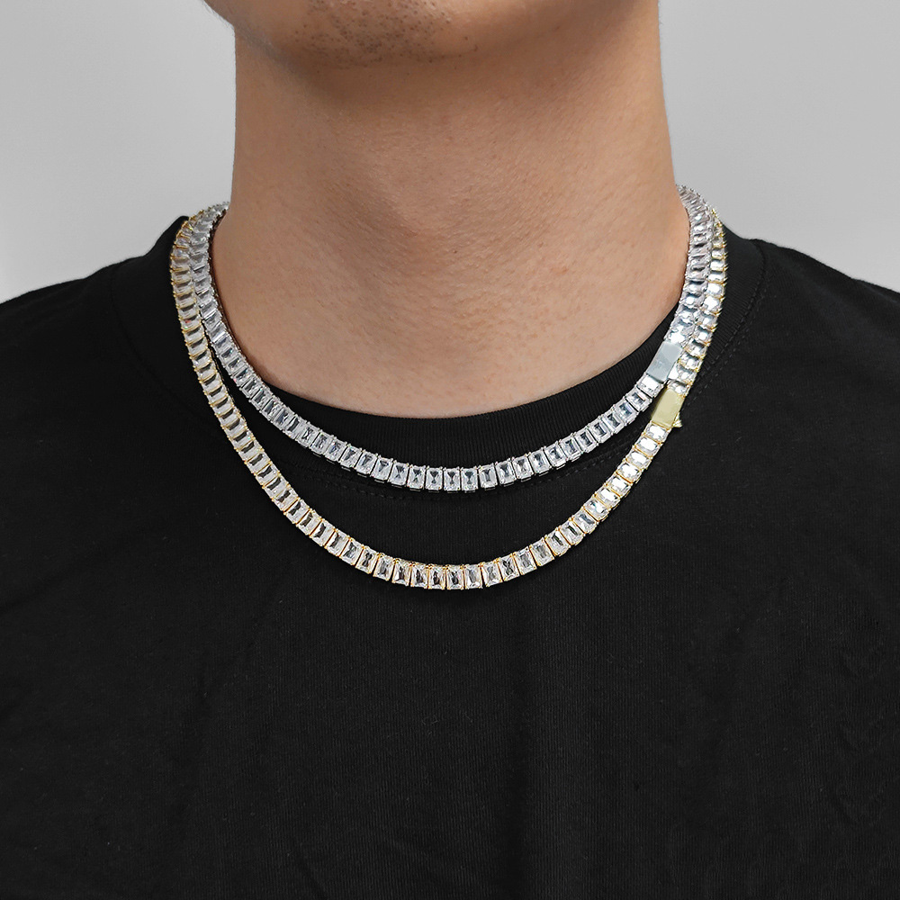 Hip Hop 7mm Square 5A Zircon Tennis Chain Necklace Real Gold Plated Mens Jewelry Set