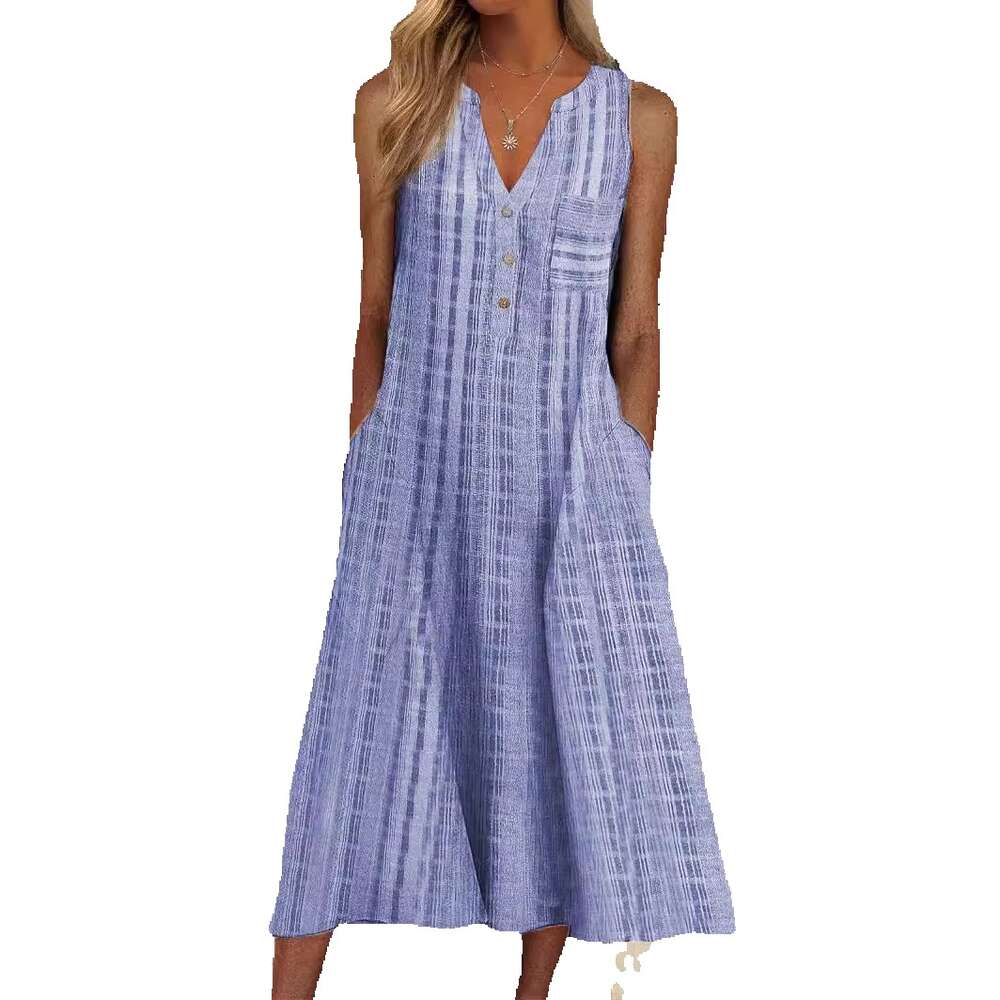 2021 Summer New Fashion Pocket V-neck Sleeveless Striped Dress Loose Bifurcated Short Waist SKINNY DRESS Pregnant Womens Dress