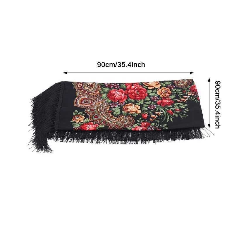 90 * 90cm Enthic Style Russian Womens Square Scarf Shawl Retro National Fringed Print Scarves Winter Womens Headscarf W240810