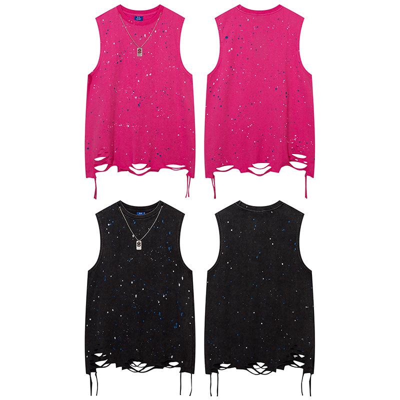 Mens Trendy Style Starry Sky Design with Splashing Ink and Chain Cut Broken Hole Bottom Abi Feng Tank Top