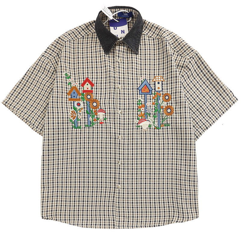Mens China-chic Embroidery Plaid Short Sleeve Shirts Mens and Womens Tops Summer Design Small Coat