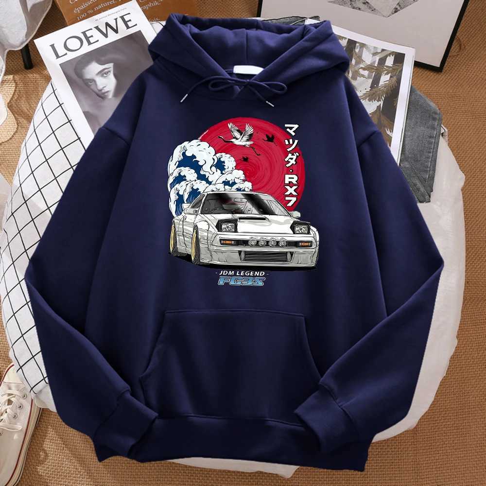 Japanese car wave crane red sun print hoodie mens fashionable oversized sportswear autumn pocket warm hoodieW240724