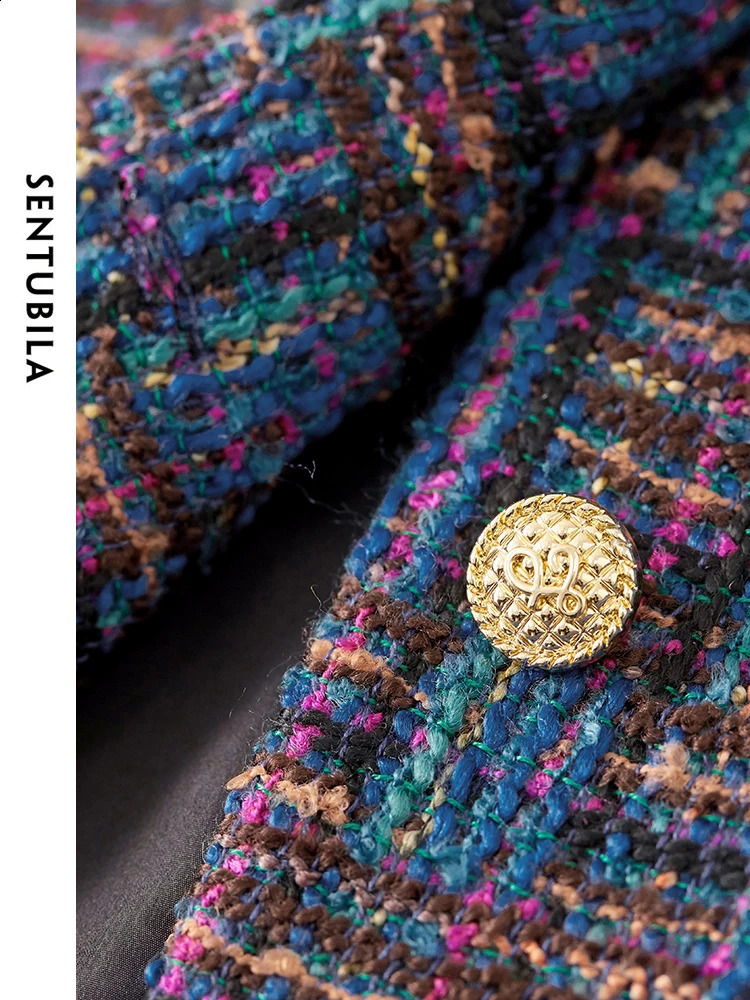 SENTUBILA Vintage Contrast Cropped Tweed Jacket Women Spring Fashion Ladies Contrast Round Neck Short Coat Woman 141W53206 240812