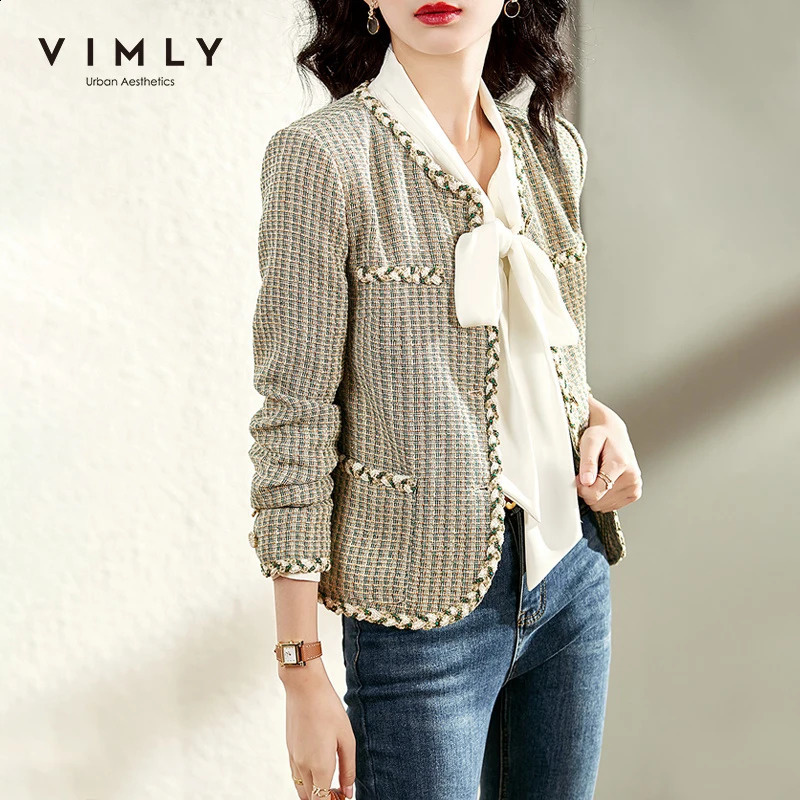 Vimly Short Tweed Jackets for Women Autumn Winter Korean Fashion Long Sleeve Elegant Jacket Coat Outerwear Clothes V0813 240812