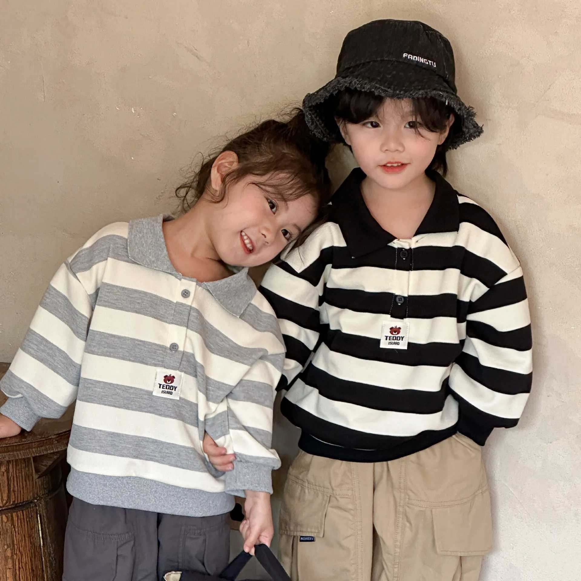 2024 Autumn Boy Girl Striped Long Sleeve Polo Shirt Fashion Children Cotton Sweatshirt Baby Casual Tops Comfort Kid Lapel HoodieXJ241225