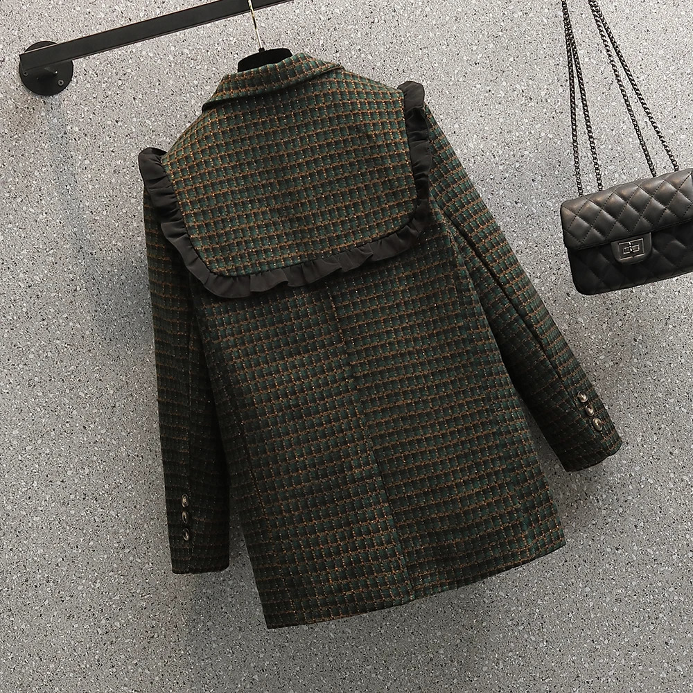 Winter Coat Women Woolen Cloth Plaid Blazer Vintage Oversized Green Checked Thicken Warm Ladies Tweed Jacket Female Wool Coats 240812