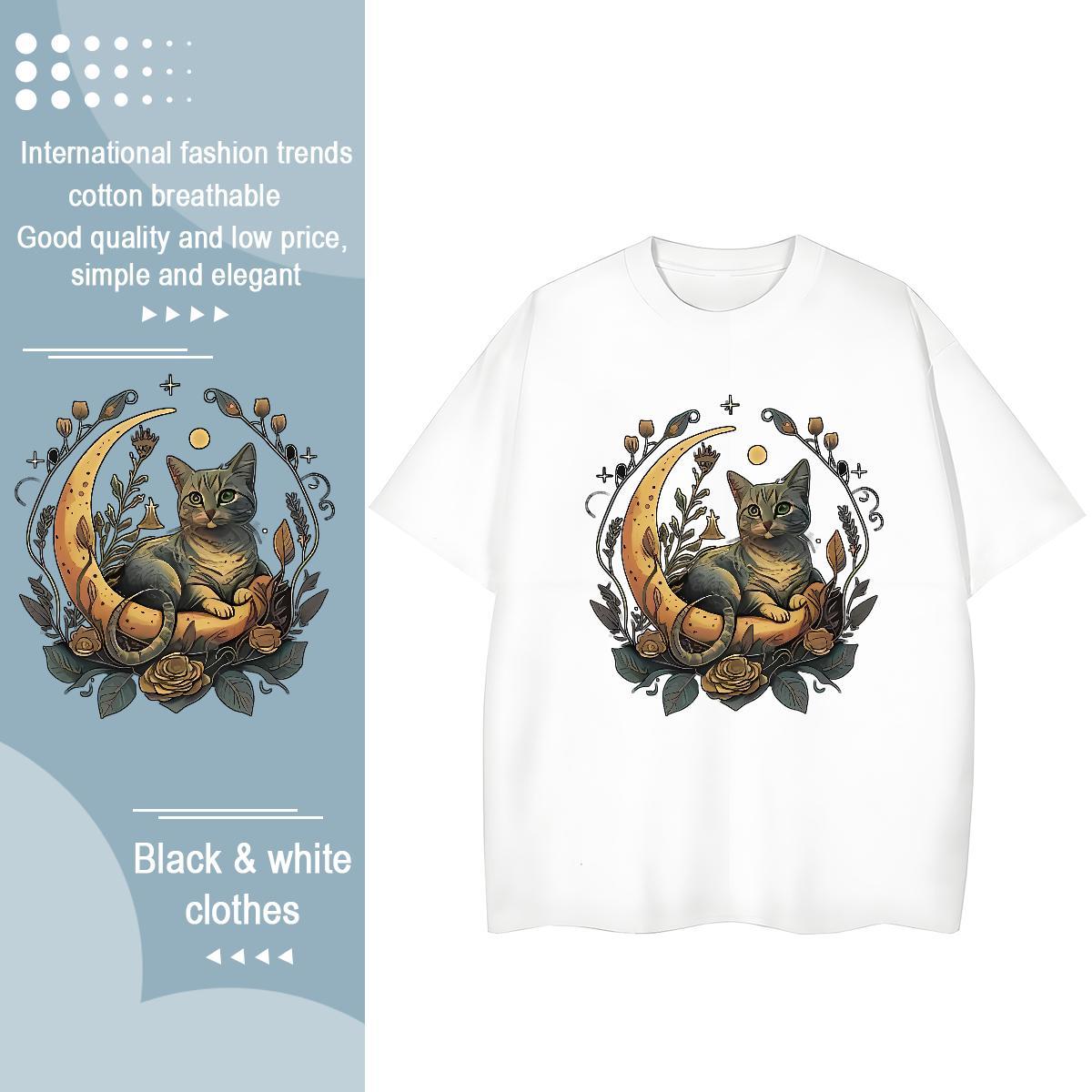 TOP Quality T Shirt For Man cat Short Sleeve Soft Casual Beach Black White 230g Pure Cotton Men Tees 2024 Tops Tees